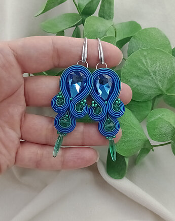 Kolczyki sutasz, kolczyki na wesele, wiszące kolczyki pawie pióro, Soutacheria