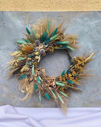 Wianek ,,Turkusowa bryza" asymetryczna dekoracja na drzwi, Rondo Kwiatowe