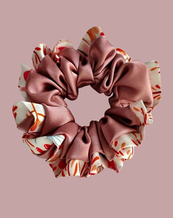 Gumka jedwabna, scrunchie, frotka różowy beż kwiatowa mgła MAXI, Capillum