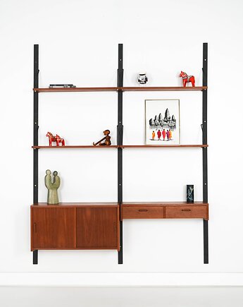 Regał systemowy tekowy, duński design, lata 60, produkcja: Dania, Przetwory design