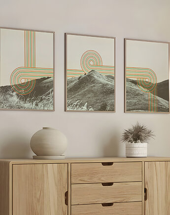 Plakaty zestaw/tryptyk góry Bieszczady, nowoczesne, w stylu retro, mid-century., Grawisfera