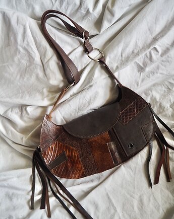 Skórzana brązowa torebka rogalik z recyklingu patchwork, URCHYNN