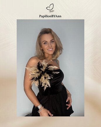 Broszka z piór indyka czarno-beżowa, PapillonBYAnn