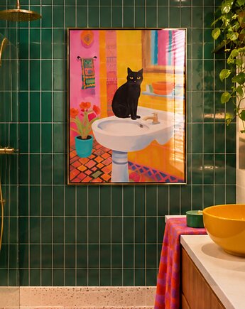 PLAKAT  czarny kot w łazience , ilustracja kolorowa, dekoracja ścienna, black dot studio