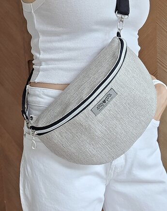 Beżowa nerka  pleciony materiał boho na ramię, Made by Joan