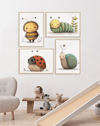 Plakaty do pokoju dziecka Łąka: Biedronka, Pszczółka, Ślimak i  Gąsienica, Wallie Studio Dekoracji