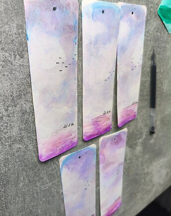 Akwarela Zakładka Książki Ptaki Chmury Niebo Tasiemka Rękodzieło, kkjustpaint Karolina Kamińska