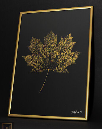 Autorska Grafika Botaniczna. Złoty Plakat Liść Klonu 20x30cm. Złota Rama Alu, Kuźnia Obrazów