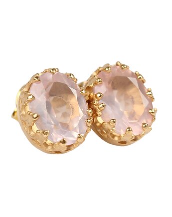 Złote kolczyki owalne Beau z kwarcem różowym, Blooming Stones