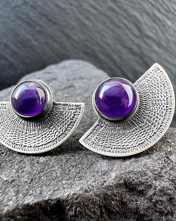 Orientalne kolczyki wkrętki srebrne wachlarze z ametystem, SHAMBALA