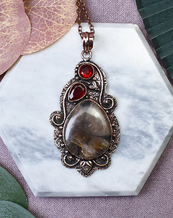Miedziany wisiorek wire wrapping z jaspisem i granatem #484, Spirit Of Copper