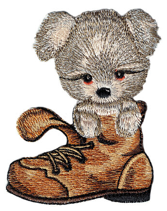 Naszywka naprasowanka PIESEK W BUCIE termoprzylepna haft 6,8x8,6cm, Wyszywane