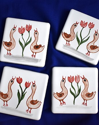 Kafle ręcznie malowane- Rustykalne podkładki kurki TULIPANY, Kobaltowa Sroka