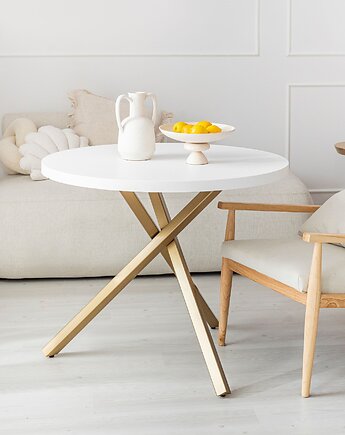 LEXA - okrągły stół jadalniany na złotych nogach, Papierówka Simple form of furniture