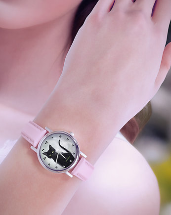 Zegarek  mały - Czarny kot - skórzany, pudrowy róż, yenoo