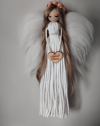 Anioł Stróż biały pleciony ze sznurka dekoracja makrama, ekosznurek