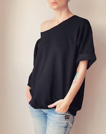 Bluza cięta krótki rękaw szeroki dekolt Czarna, ONE MUG A DAY