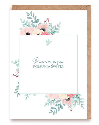 Kartka na Pierwszą Komunię Świętą kwiatowa ramka, Cardie