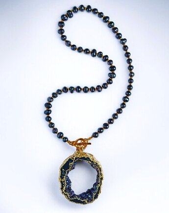 UNIKAT : kwarc tytanowy i granatowe perły, kaktusia