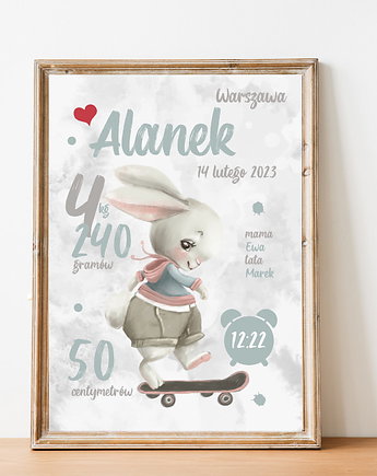 Metryczka dla dzieci - Króliczek na deskorolce, Mała Pracownia DK
