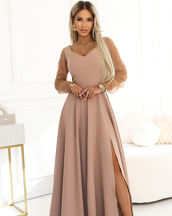 640-4 LORETTA wyjątkowa długa sukienka z tiulowymi rękawami - beżowa, NUMOCO