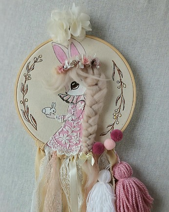 Tamborek z królikiem ręcznie malowany łapacz snów, OKAZJE - Prezent na Baby shower