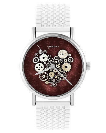 Zegarek - Serce steampunk - silikonowy, biały, OKAZJE - Prezenty na 18 dla chłopaka