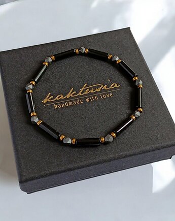 ODWAGA, SIŁA : delikatna bransoletka onyks, hematyt : gold, kaktusia