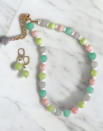 HOT TREND : komplet : naszyjnik, kolczyki : pastelle : jadeit 10mm, kaktusia