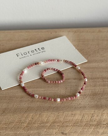 Bransoletka na gumce rodonit + perły, Fiorette stone&silver