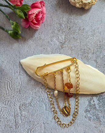 Broszka agrafka, perła i bursztyn, Figa handmade accessories