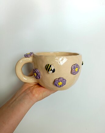 Ceramiczny ręcznie robiony kubek w pszczółki i kwiatki, Ceramic Reve