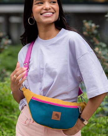 Nerka z wodoodpornego nubuku tapicerskiego w kolorze musztardowo turkusowym., Karolina Audycka