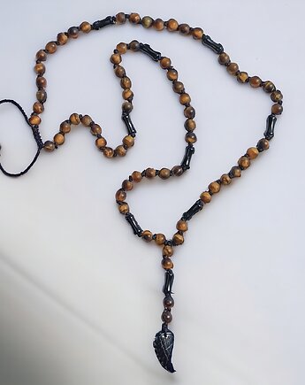 WING : tygrysie oko, onyks : naszyjnik MĘSKI supełkowany : skrzydło anioła, kaktusia