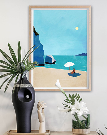Dzika plaża - plakat 50x70 cm - dziewczyna pod parasolem, minimalmill