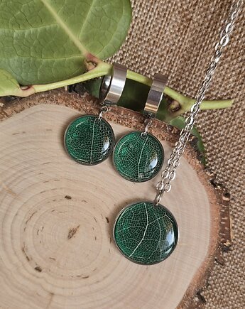 Komplet zawieszka i kolczyki srebrny prawdziwy liść roślina w żywicy, zkwiatem
