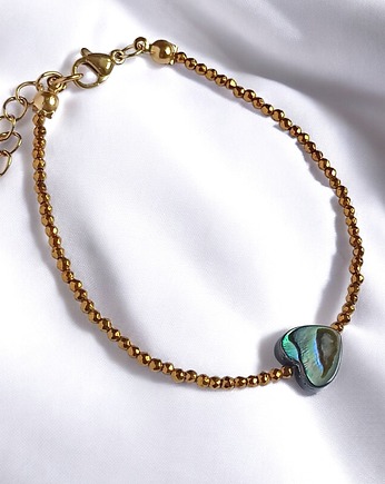 Bransoletka z serduszkiem : muszla PAUA, hematyt złoty, kaktusia