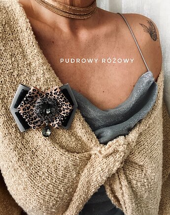 Panterkowa Brosza z szarą kryształową ozdobą   NEW, Pudrowy Różowy