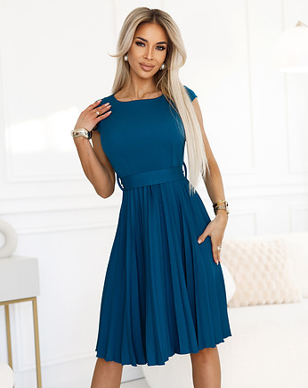 311-17 LILA Klasyczna plisowana sukienka z krótkim rękawkiem - morska, NUMOCO