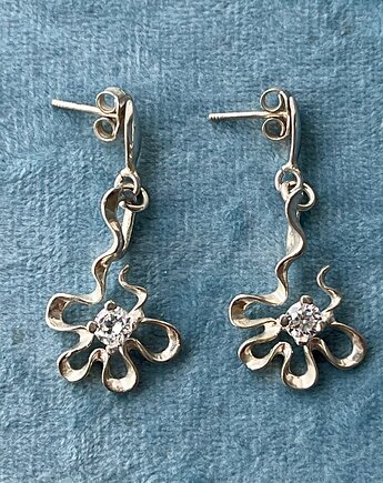 Długie kolczyki kwiat, kwiatek z cyrkonią - srebro pr 925.- VINTAGE, Ade Art