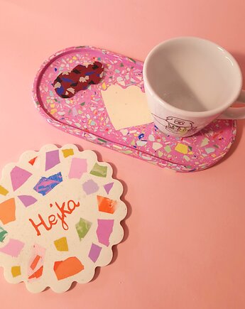 Podstawka owalna, kolorowe lastryko, duża taca, różowa, kwiatek, Crazzyco