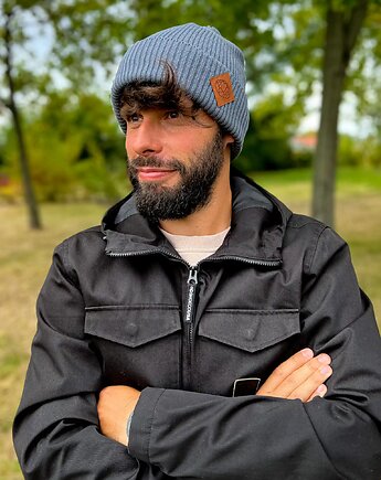 Męska bawełniana czapka beanie logo ekoskórka Ciemny szary, Brain Inside