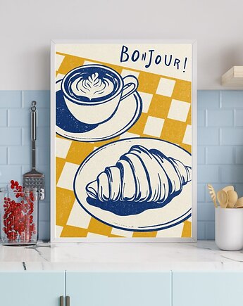 PLAKAT kawa, bonjour, prezent dla kawosza, black dot studio