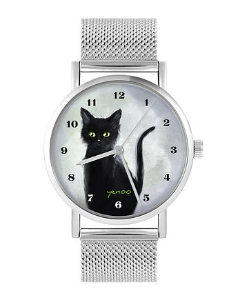 Zegarek - Czarny kot, cyfry - bransoleta mesh, yenoo