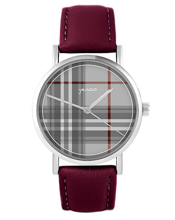 Zegarek - Szkocka krata - skórzany, burgund, yenoo