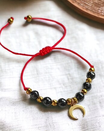 OCHRONNA bransoletka - czarny turmalin - lunula : czerwony sznurek, kaktusia