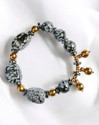 UNIKATOWA bransoletka : obsydian śnieżny, hematyt, kaktusia