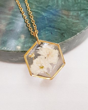 Naszyjnik zawieszka z gipsówką, Jaskółcze ziele handmade 