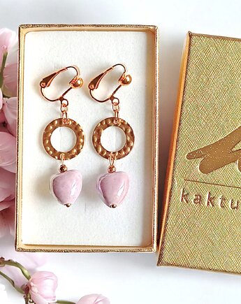 Klipsy długie : serduszka ceramiczne : różowe, kaktusia