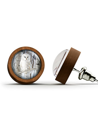 Kolczyki drewniane - Biała sowa - sztyfty, yenoo